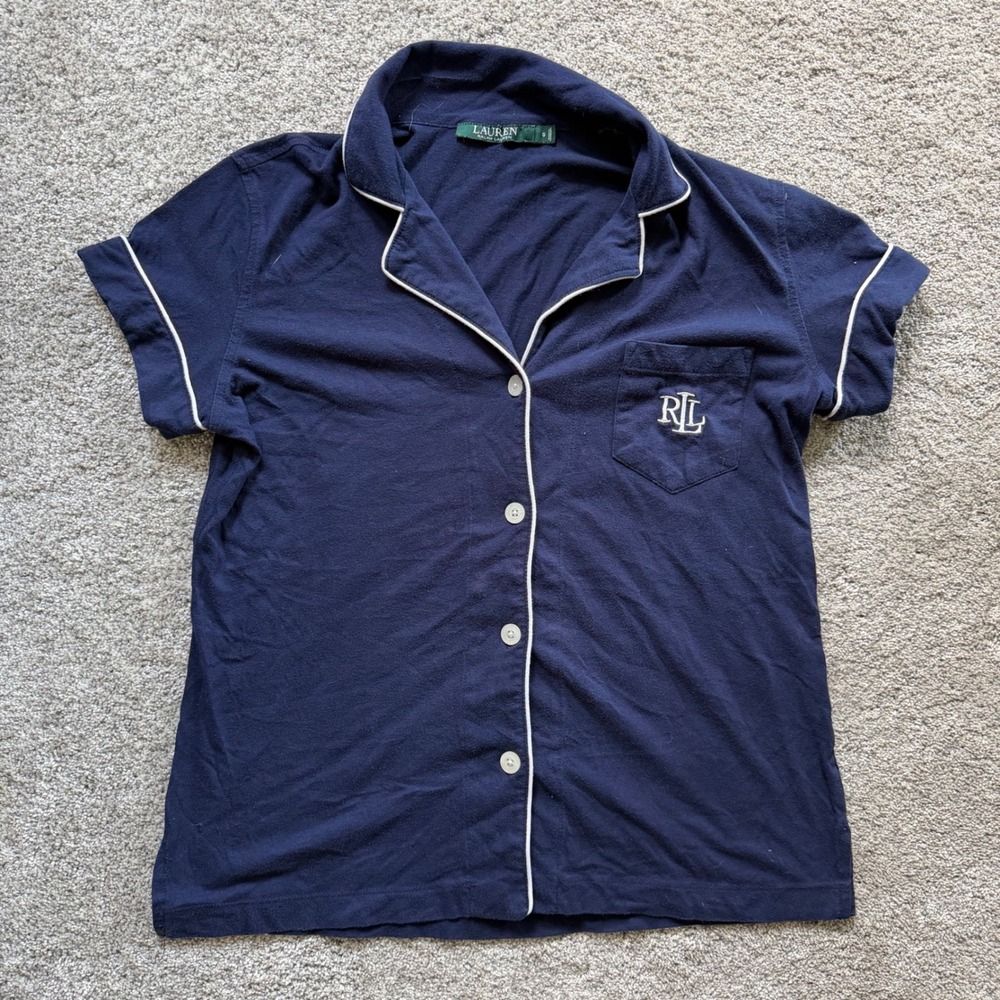 Lauren Ralph Lauren Navy Blue Pajama Top Short Sleeve Monogram Button Down S